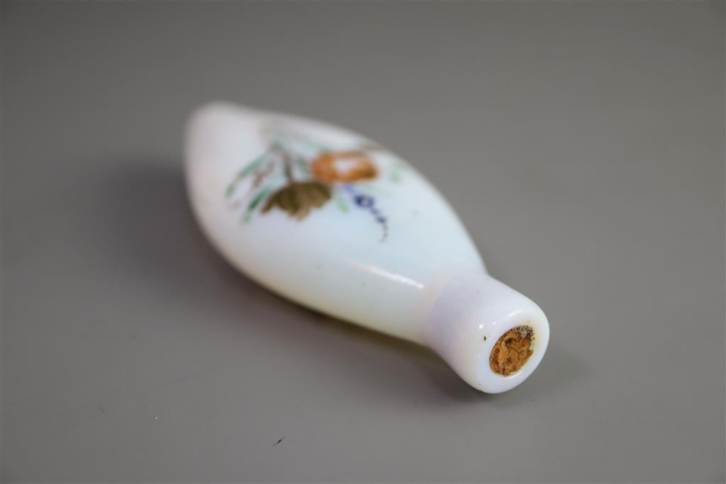 A George III enamelled white glass scent bottle, late 18th century, 9cm high